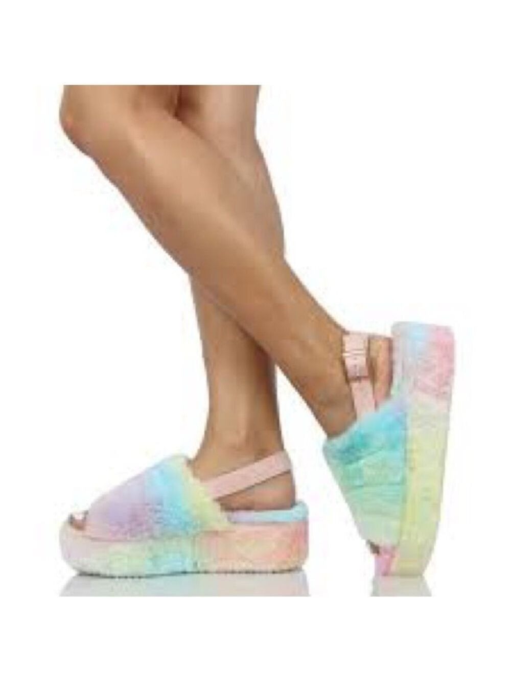 Women’s Liliana Tie Dye Open Toe Fuzzy Slingback Platform Sandals Size 7.5 US!